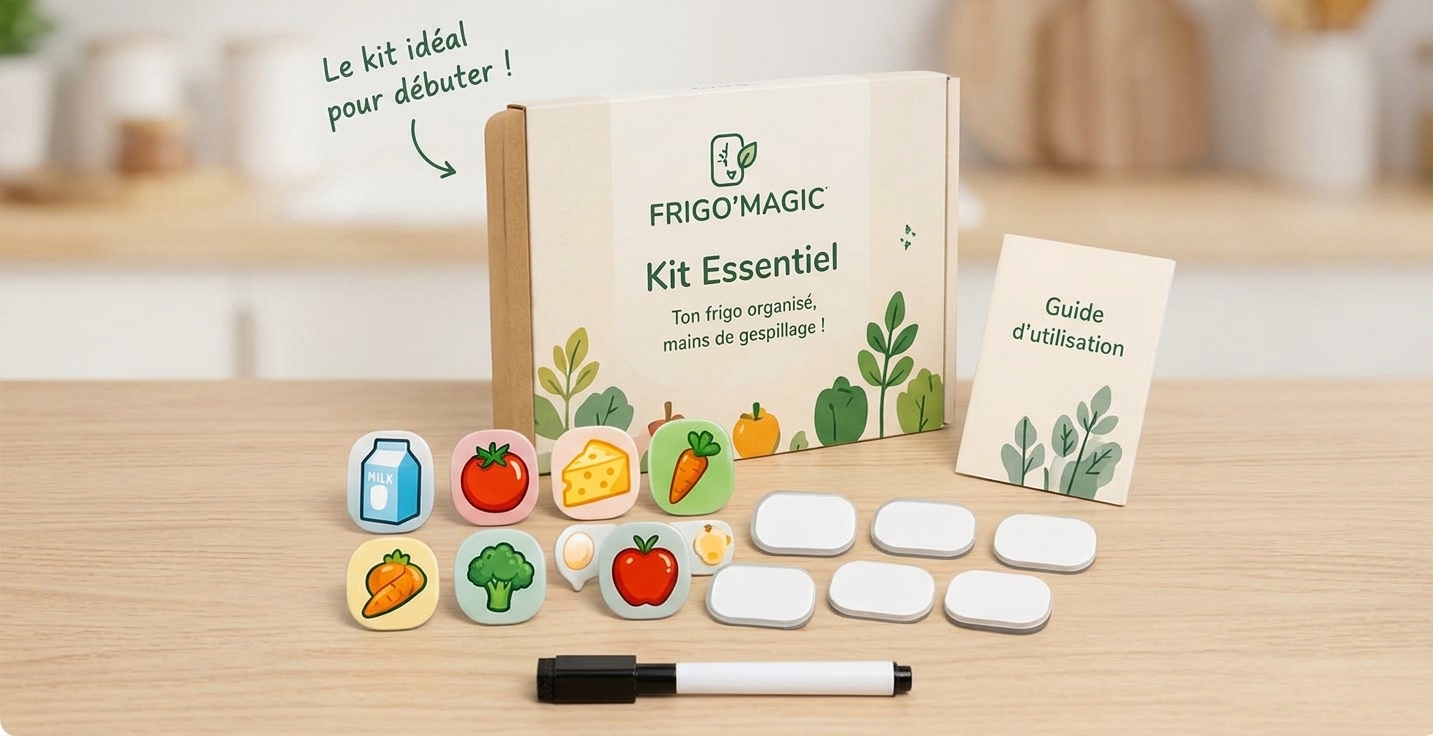 Kit Essentiel Frigo'Magic : aimants d'aliments, feutre et guide d'utilisation